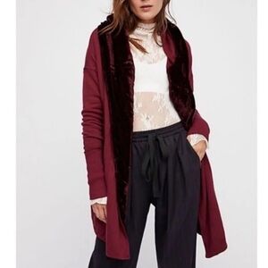 Free People Westwood Cardigan Maroon Velvet Trim Sz XS Oversized Hooded